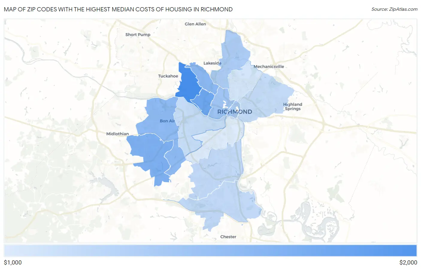 Zip Codes with the Highest Median Costs of Housing in Richmond Map