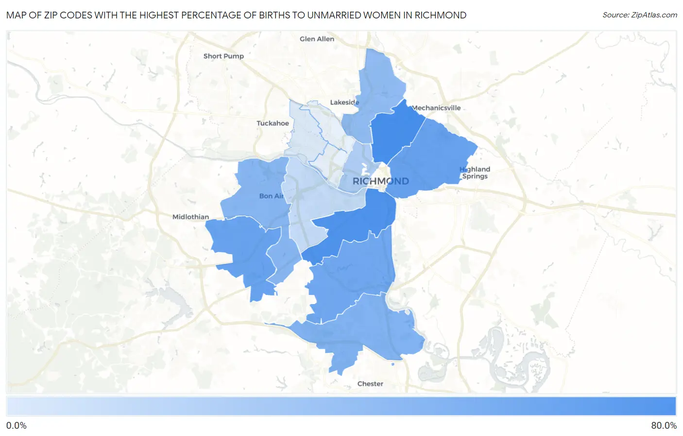 Zip Codes with the Highest Percentage of Births to Unmarried Women in Richmond Map