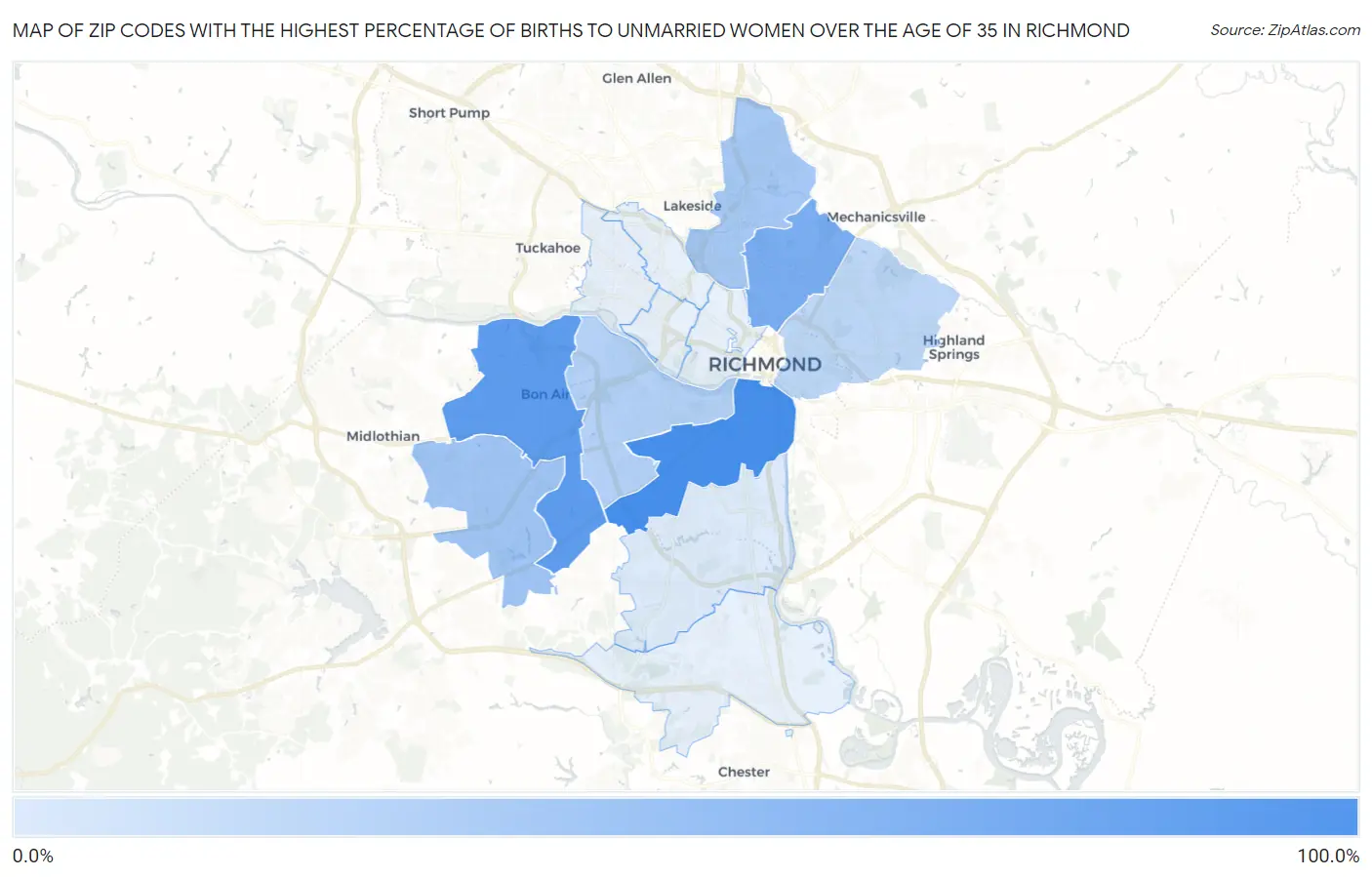 Zip Codes with the Highest Percentage of Births to Unmarried Women over the Age of 35 in Richmond Map