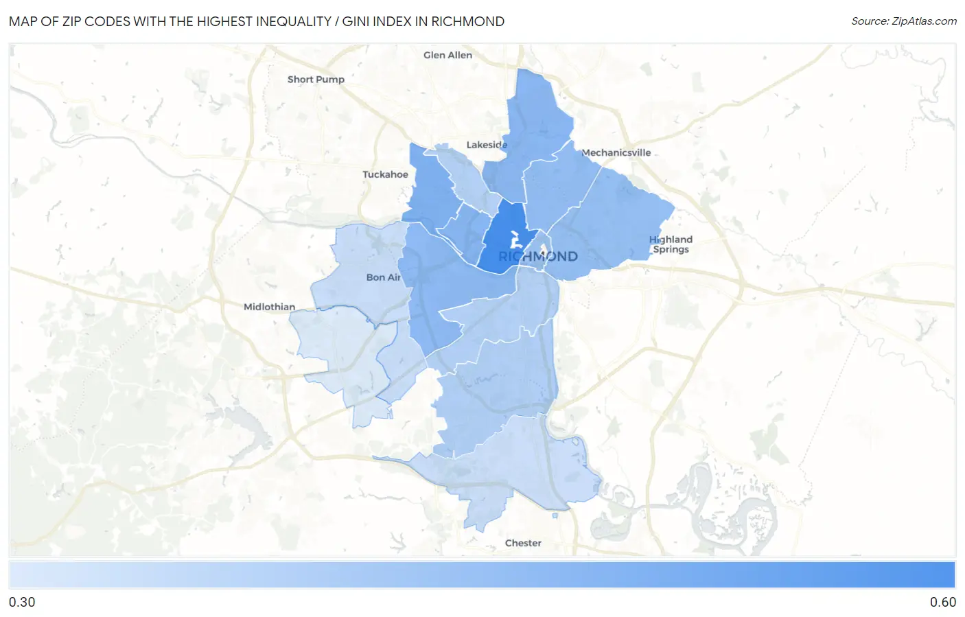 Zip Codes with the Highest Inequality / Gini Index in Richmond Map