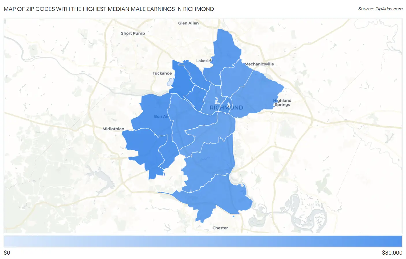 Zip Codes with the Highest Median Male Earnings in Richmond Map