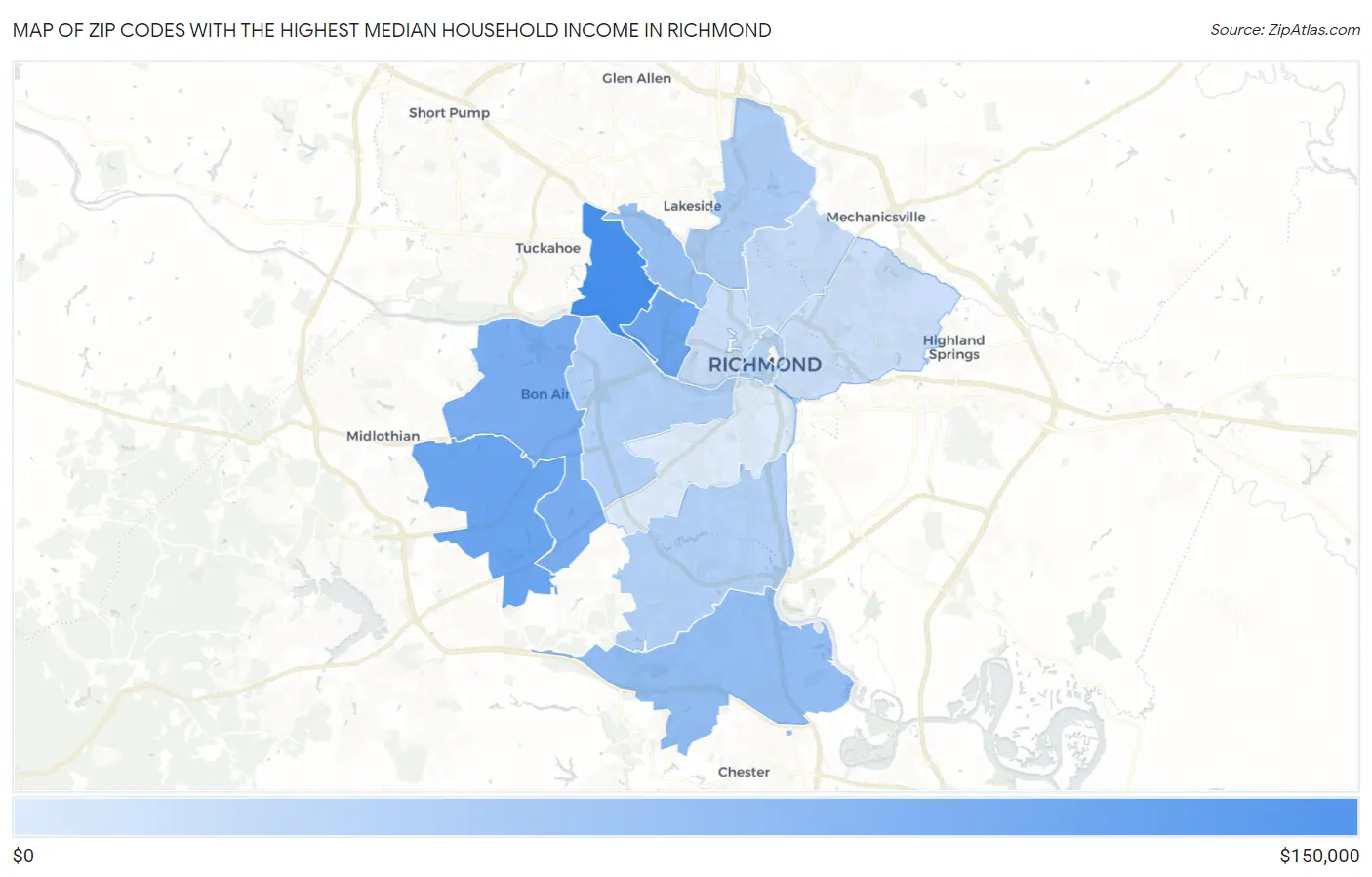 Zip Codes with the Highest Median Household Income in Richmond Map