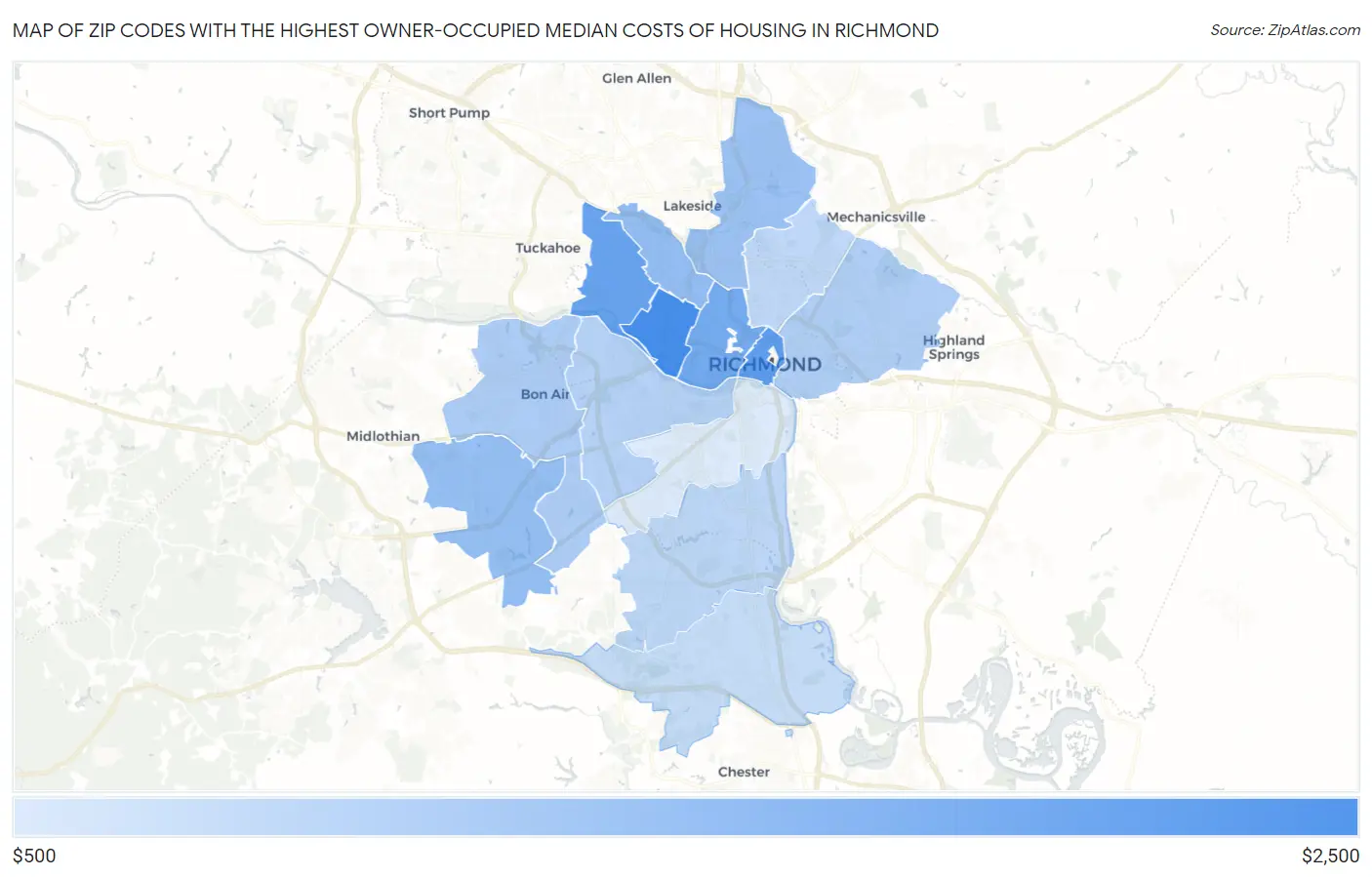 Zip Codes with the Highest Owner-Occupied Median Costs of Housing in Richmond Map