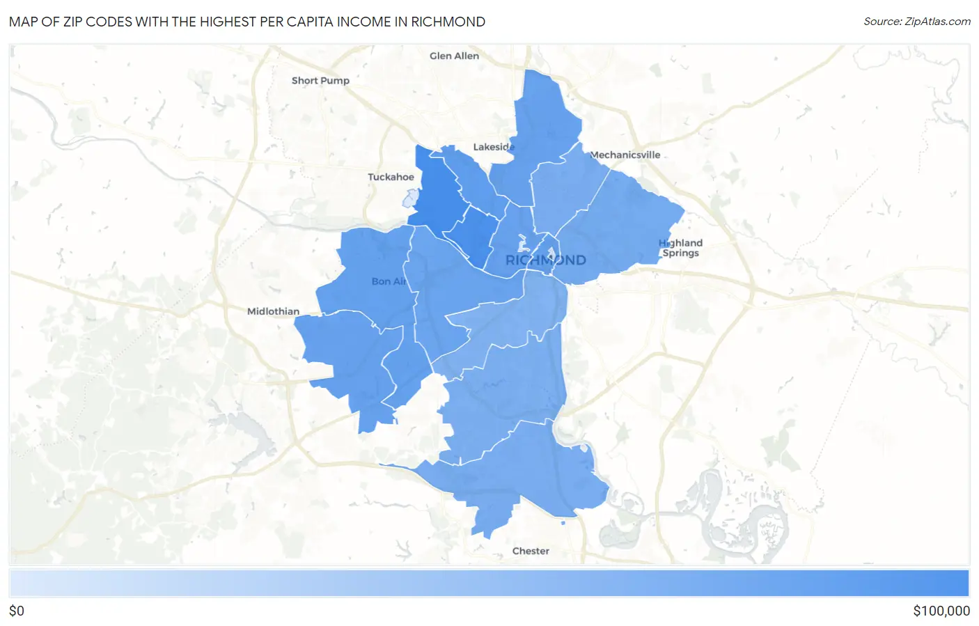 Zip Codes with the Highest Per Capita Income in Richmond Map
