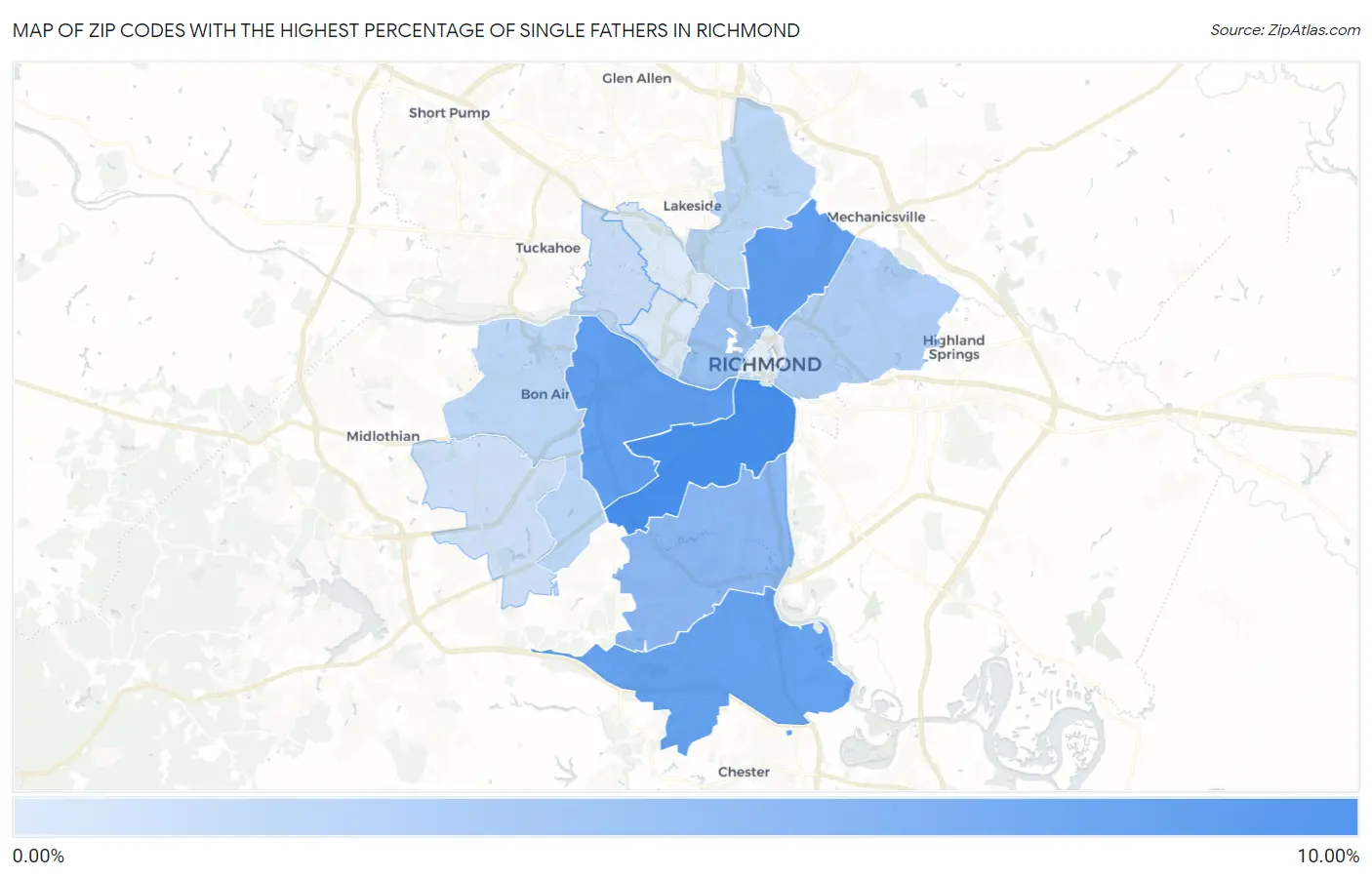Zip Codes with the Highest Percentage of Single Fathers in Richmond Map
