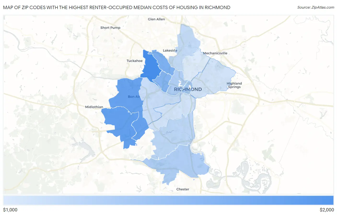 Zip Codes with the Highest Renter-Occupied Median Costs of Housing in Richmond Map