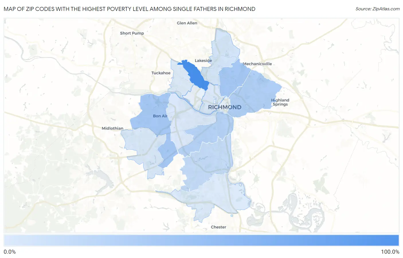 Zip Codes with the Highest Poverty Level Among Single Fathers in Richmond Map