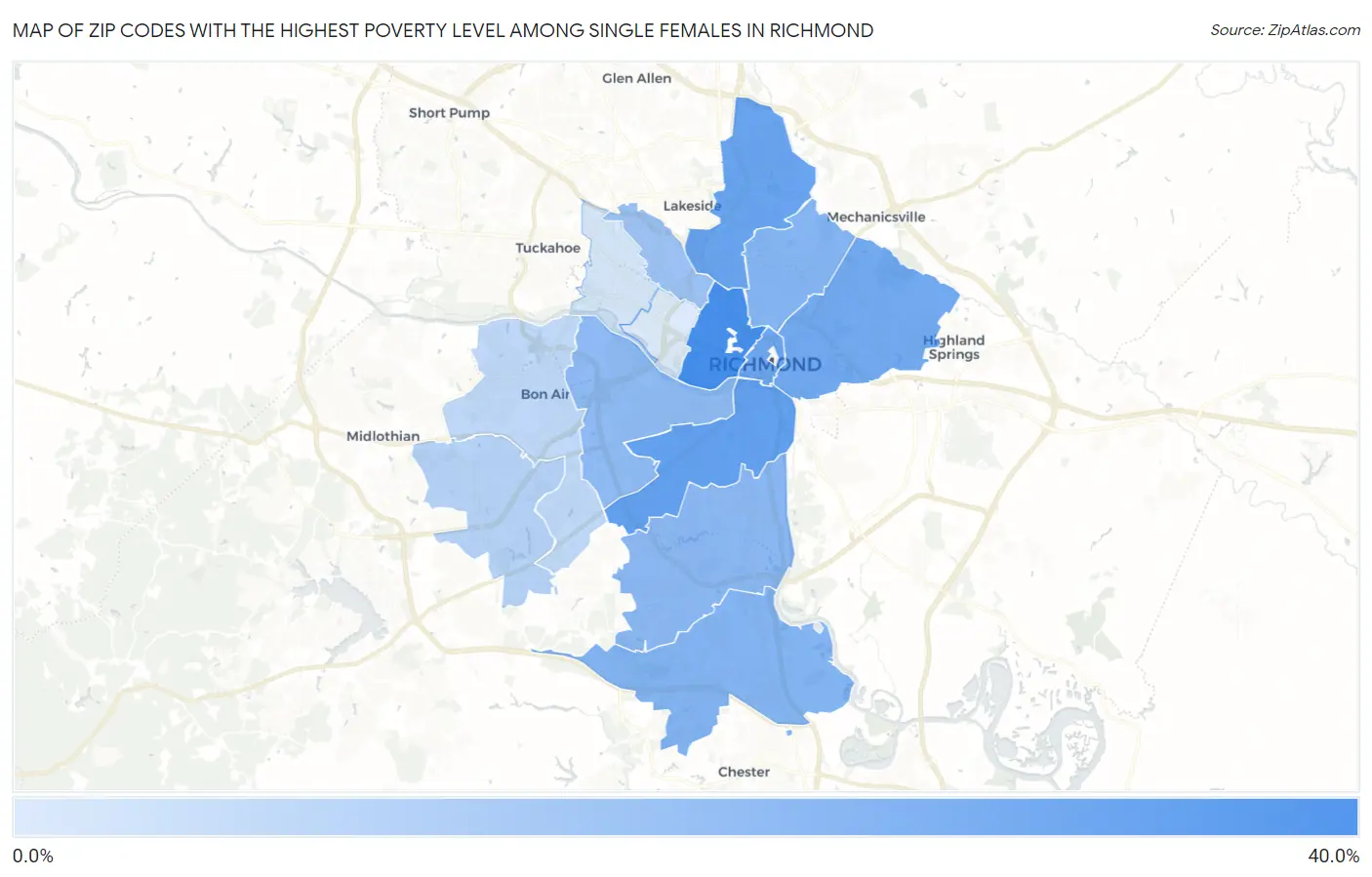 Zip Codes with the Highest Poverty Level Among Single Females in Richmond Map