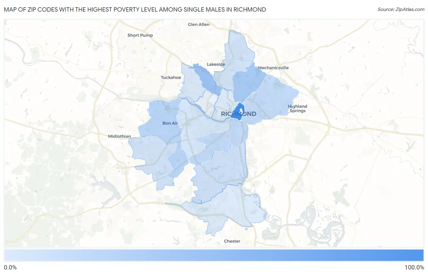 Zip Codes with the Highest Poverty Level Among Single Males in Richmond Map