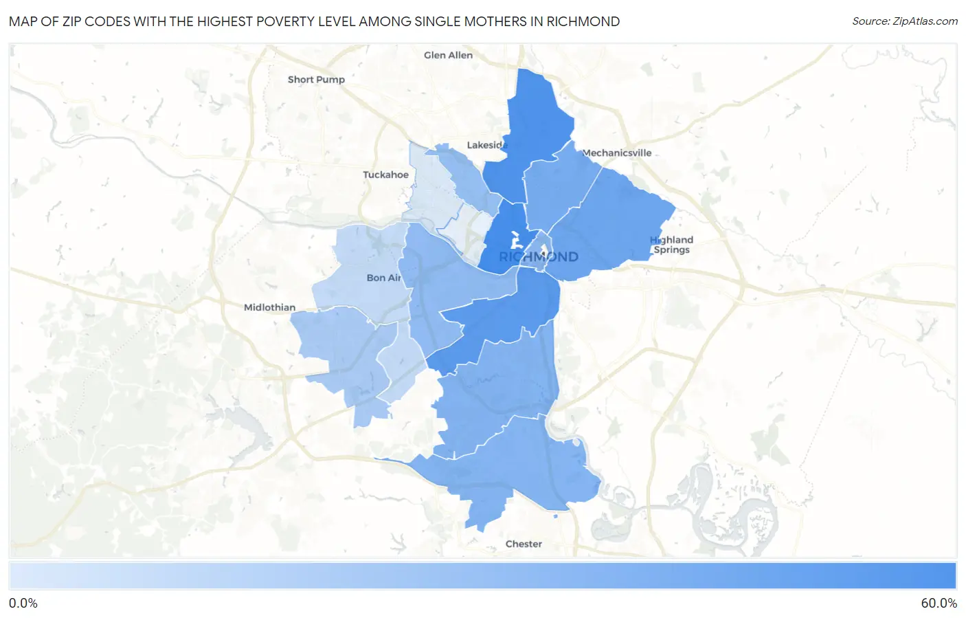 Zip Codes with the Highest Poverty Level Among Single Mothers in Richmond Map