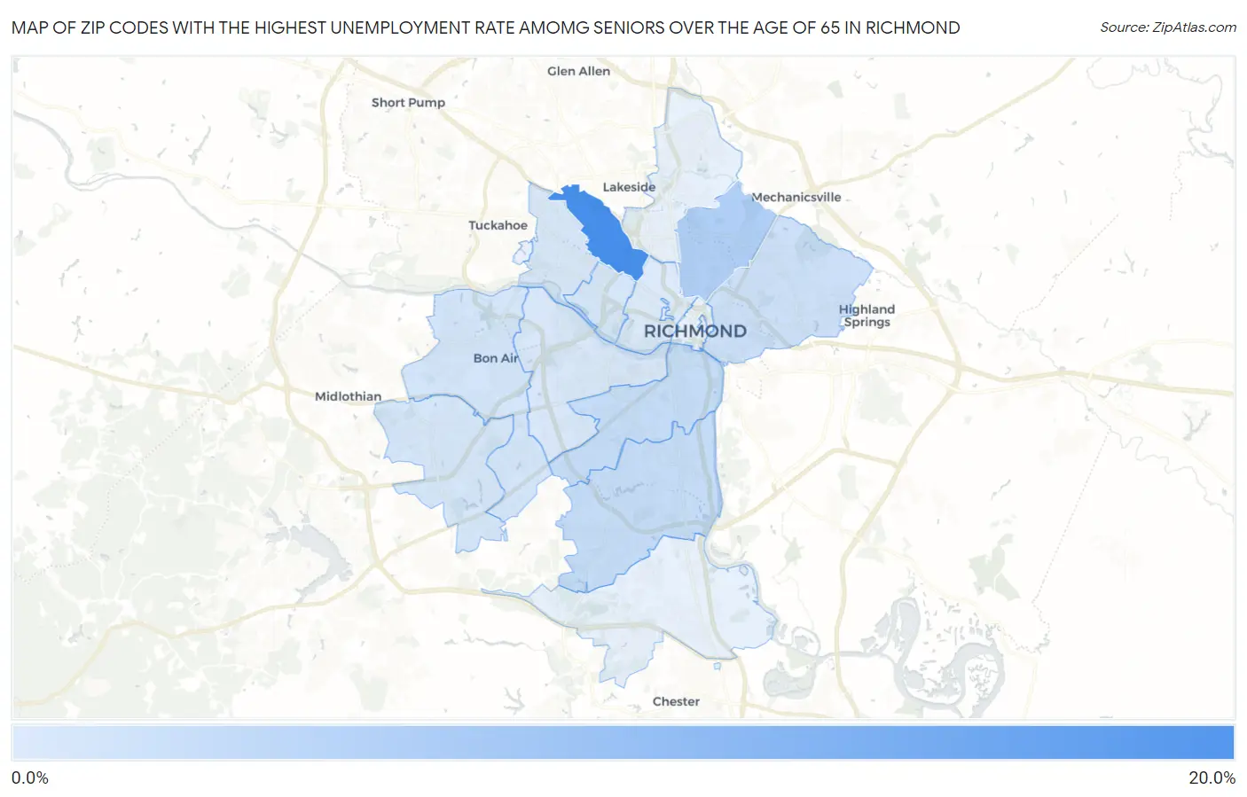 Zip Codes with the Highest Unemployment Rate Amomg Seniors Over the Age of 65 in Richmond Map