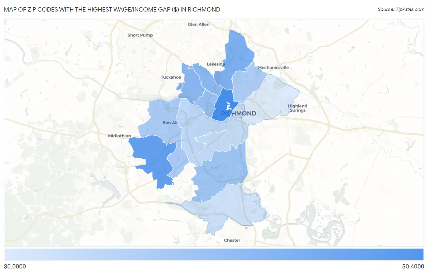 Zip Codes with the Highest Wage/Income Gap ($) in Richmond Map