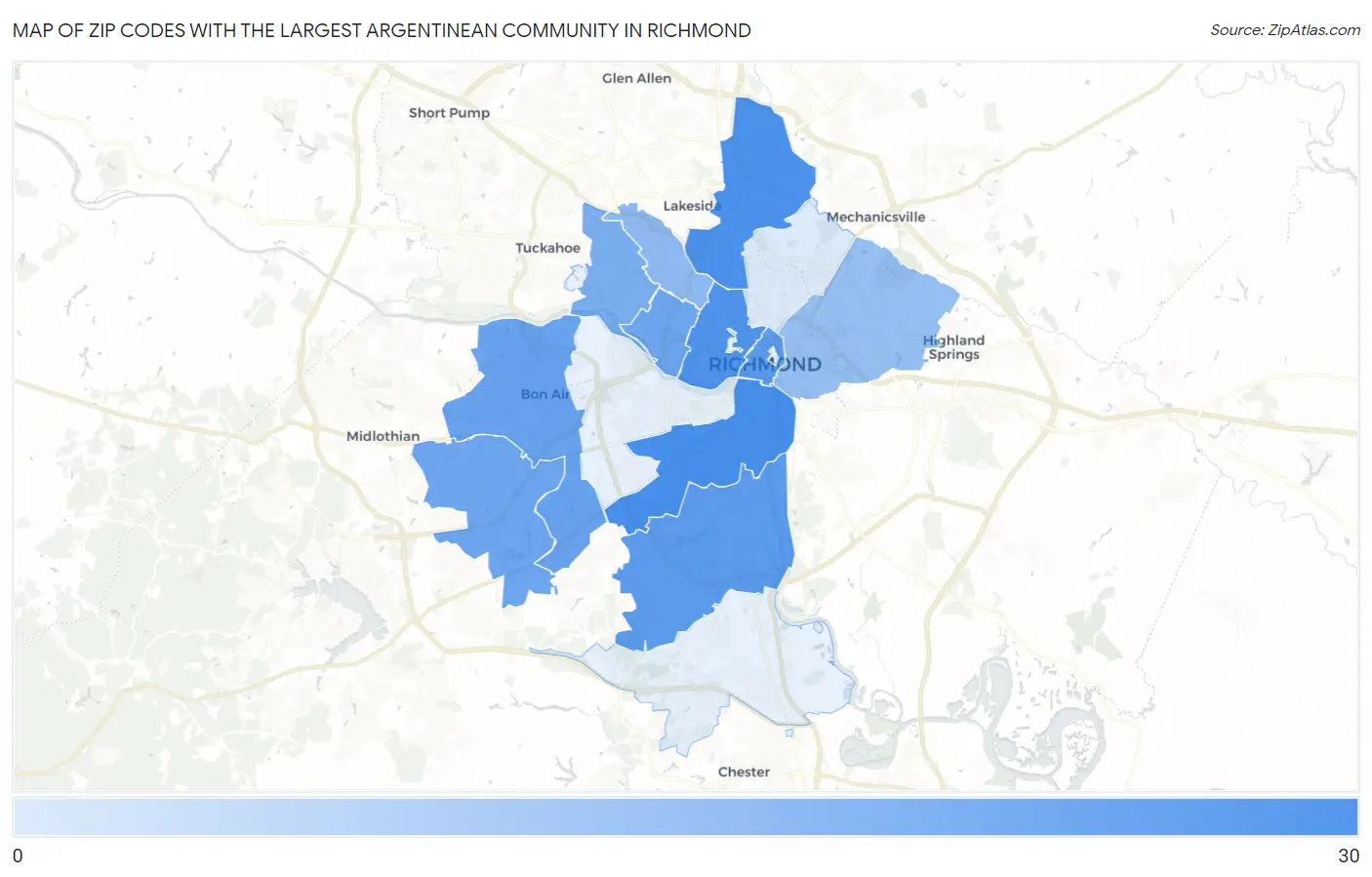 Zip Codes with the Largest Argentinean Community in Richmond Map