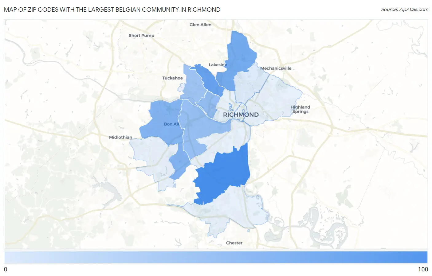 Zip Codes with the Largest Belgian Community in Richmond Map