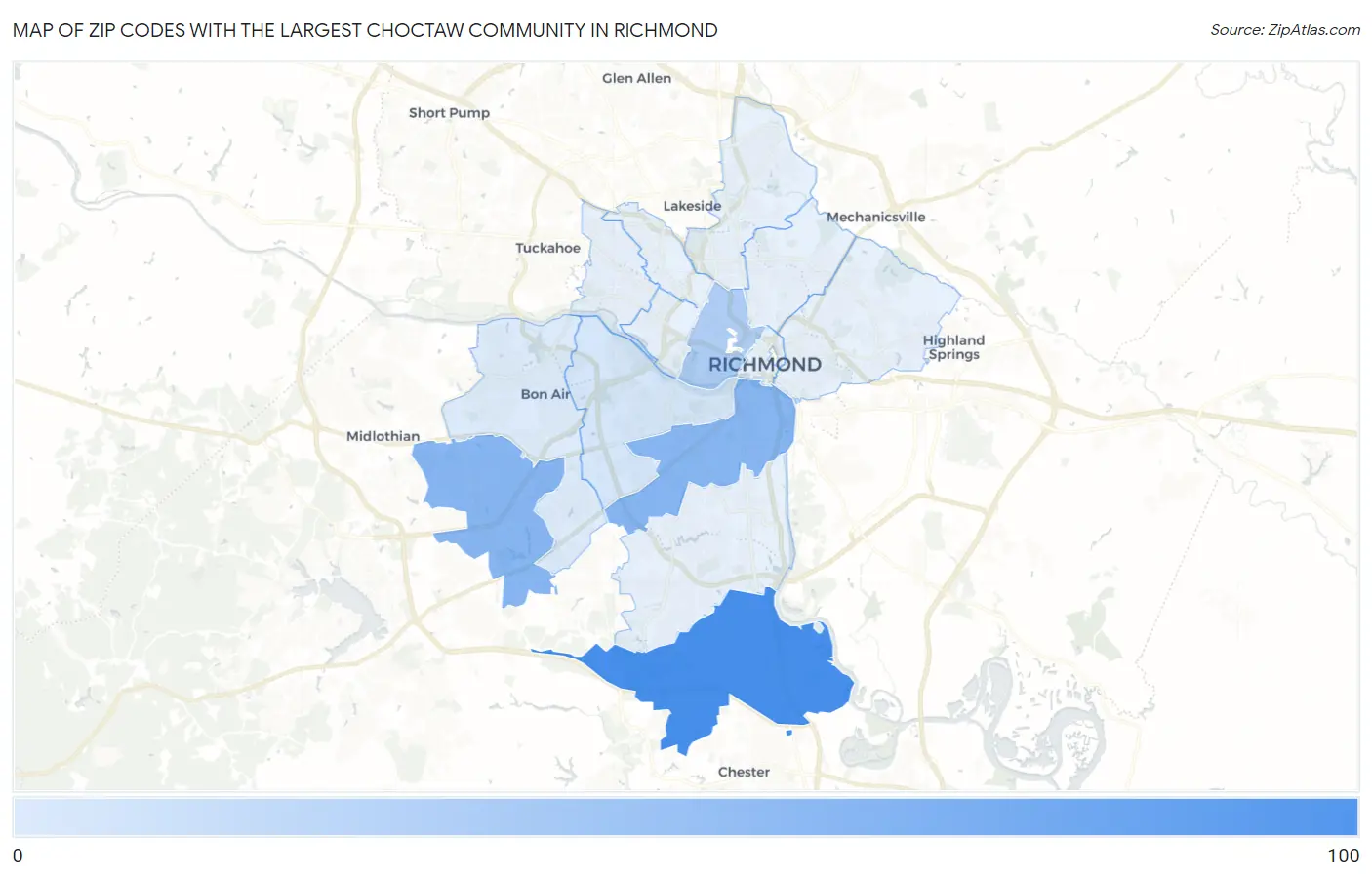 Zip Codes with the Largest Choctaw Community in Richmond Map