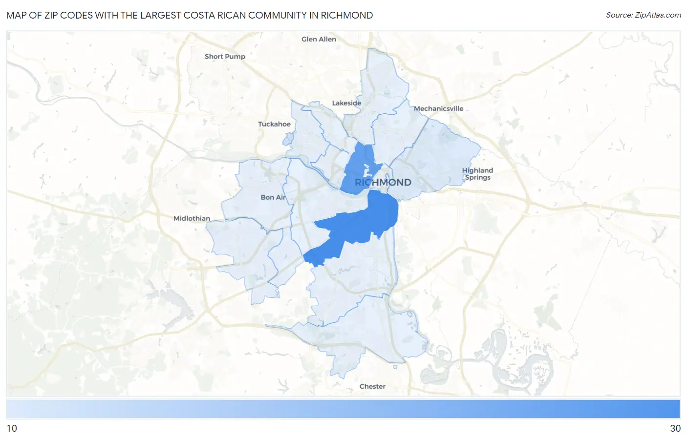 Zip Codes with the Largest Costa Rican Community in Richmond Map