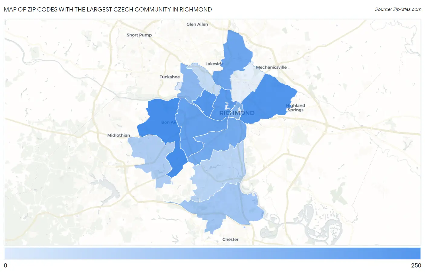 Zip Codes with the Largest Czech Community in Richmond Map