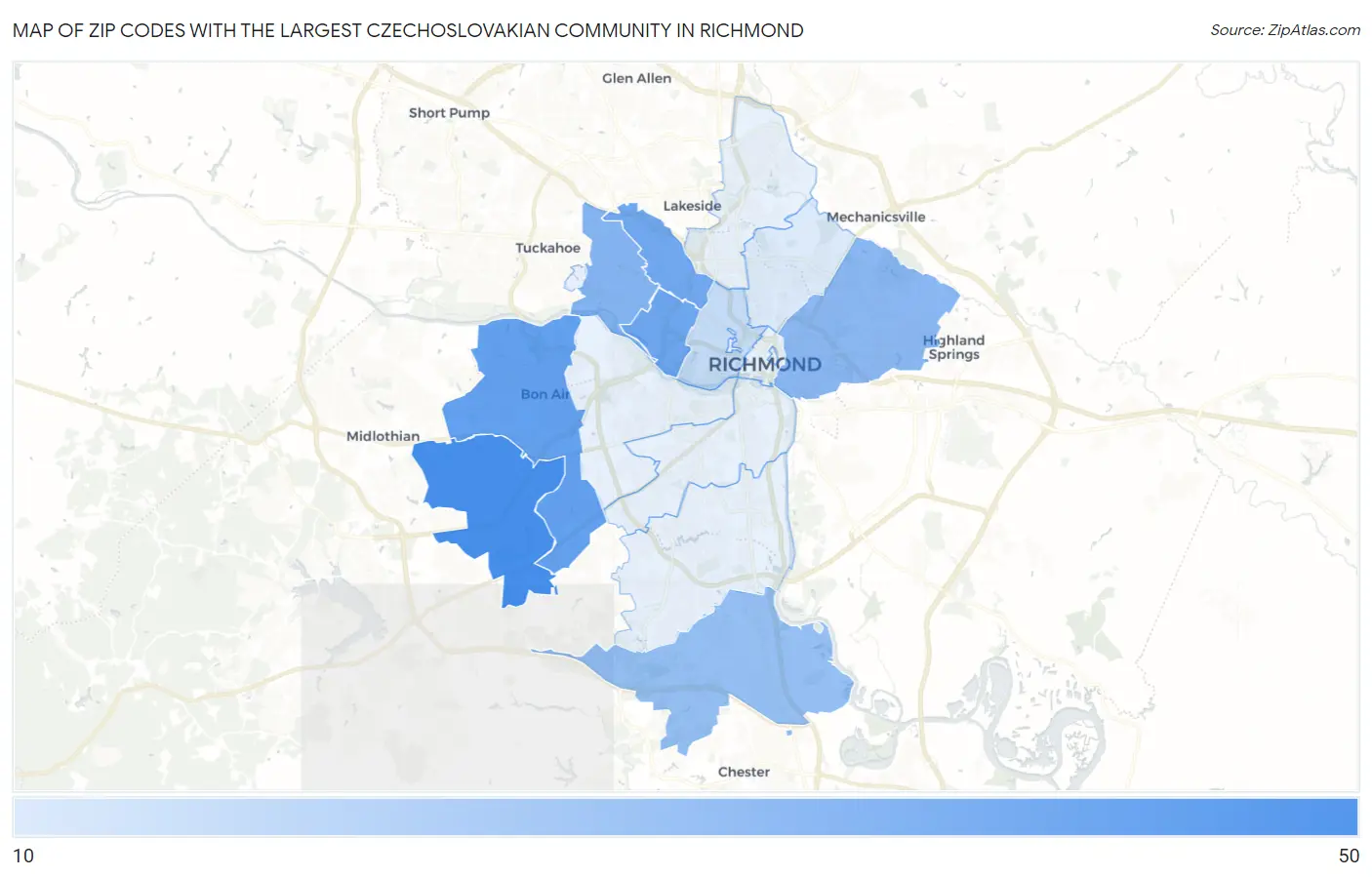 Zip Codes with the Largest Czechoslovakian Community in Richmond Map