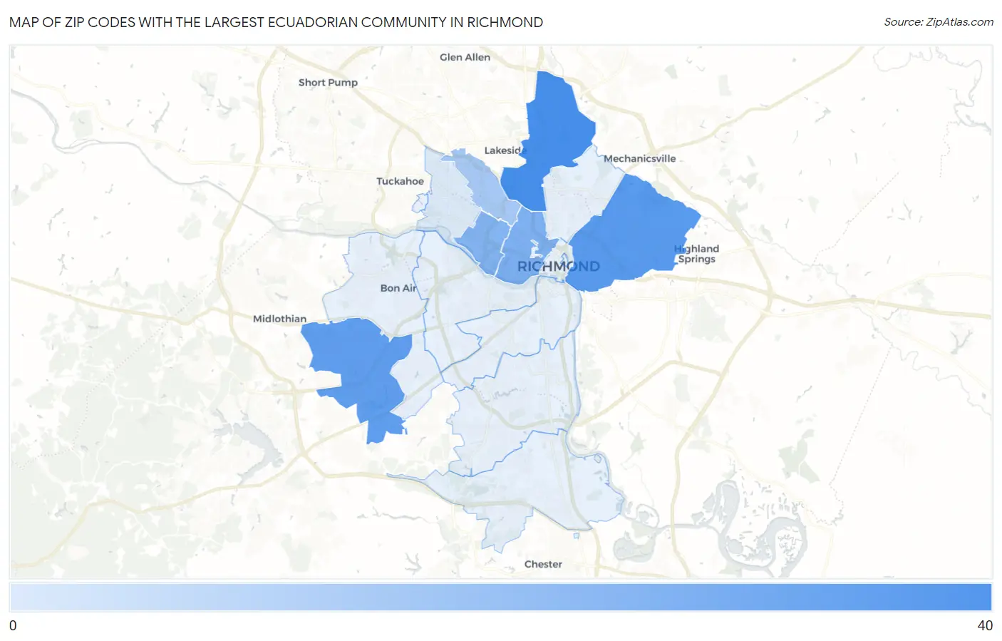 Zip Codes with the Largest Ecuadorian Community in Richmond Map