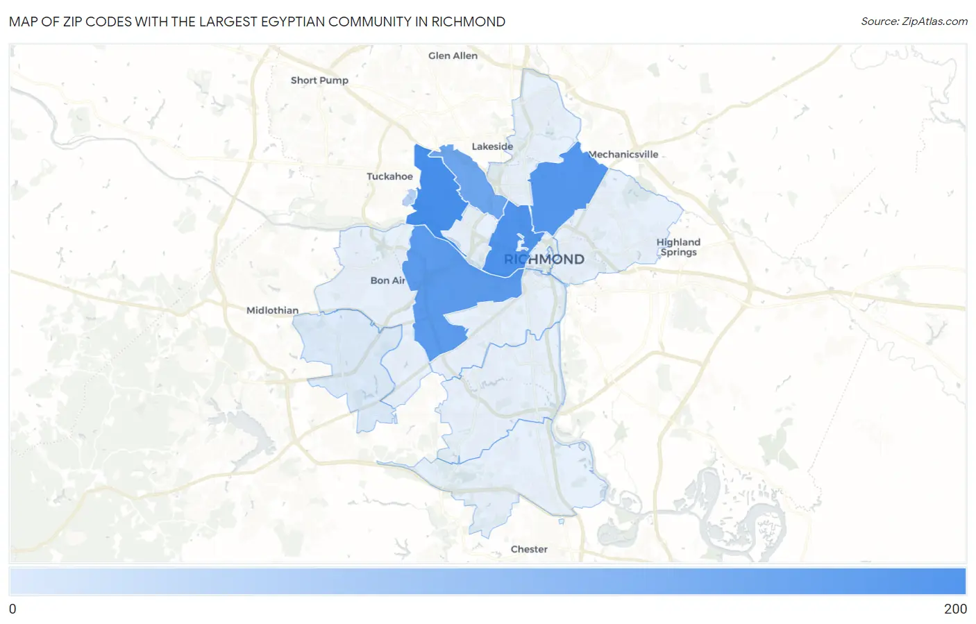 Zip Codes with the Largest Egyptian Community in Richmond Map
