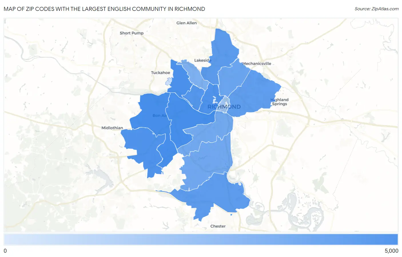 Zip Codes with the Largest English Community in Richmond Map