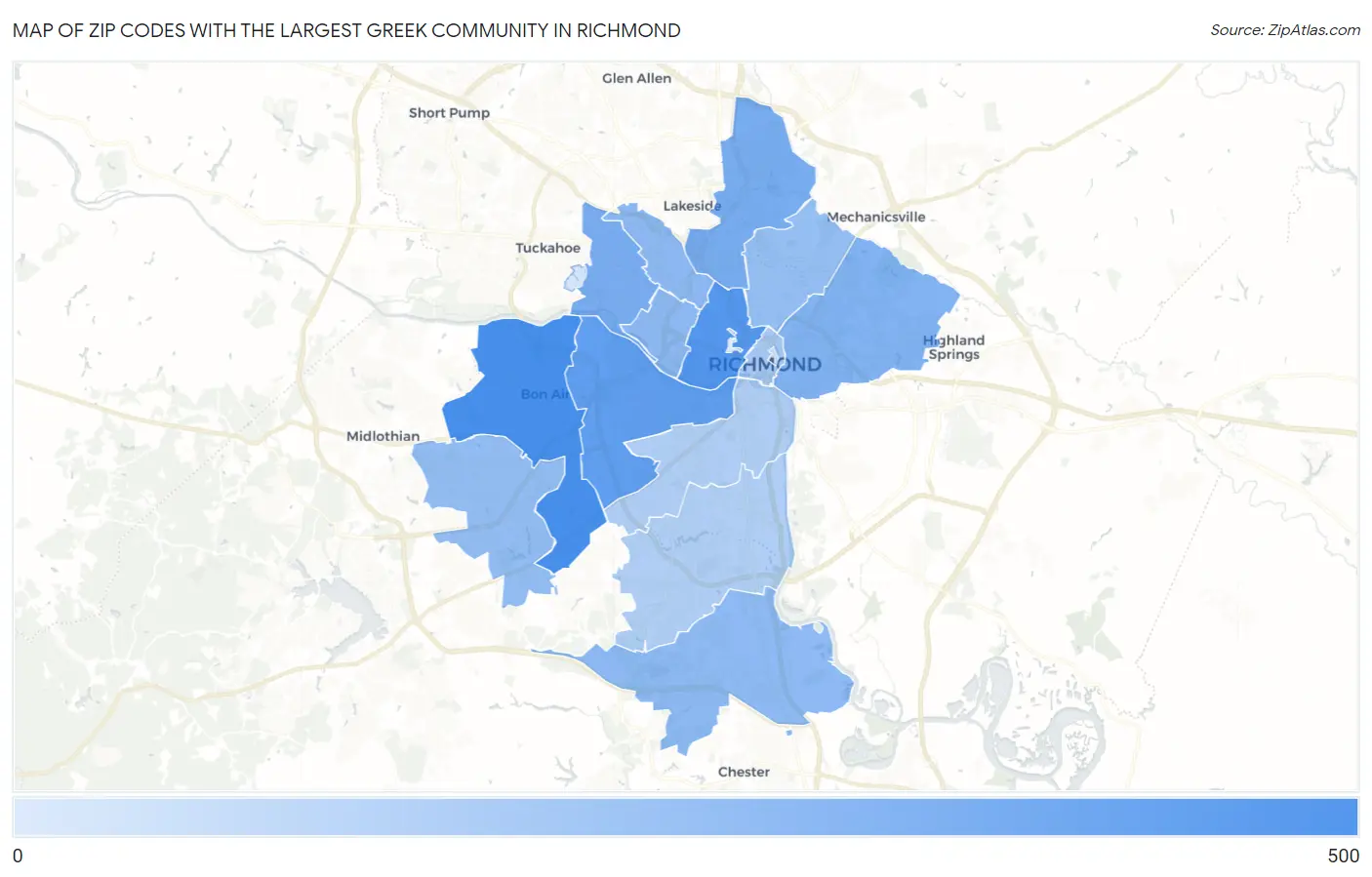 Zip Codes with the Largest Greek Community in Richmond Map