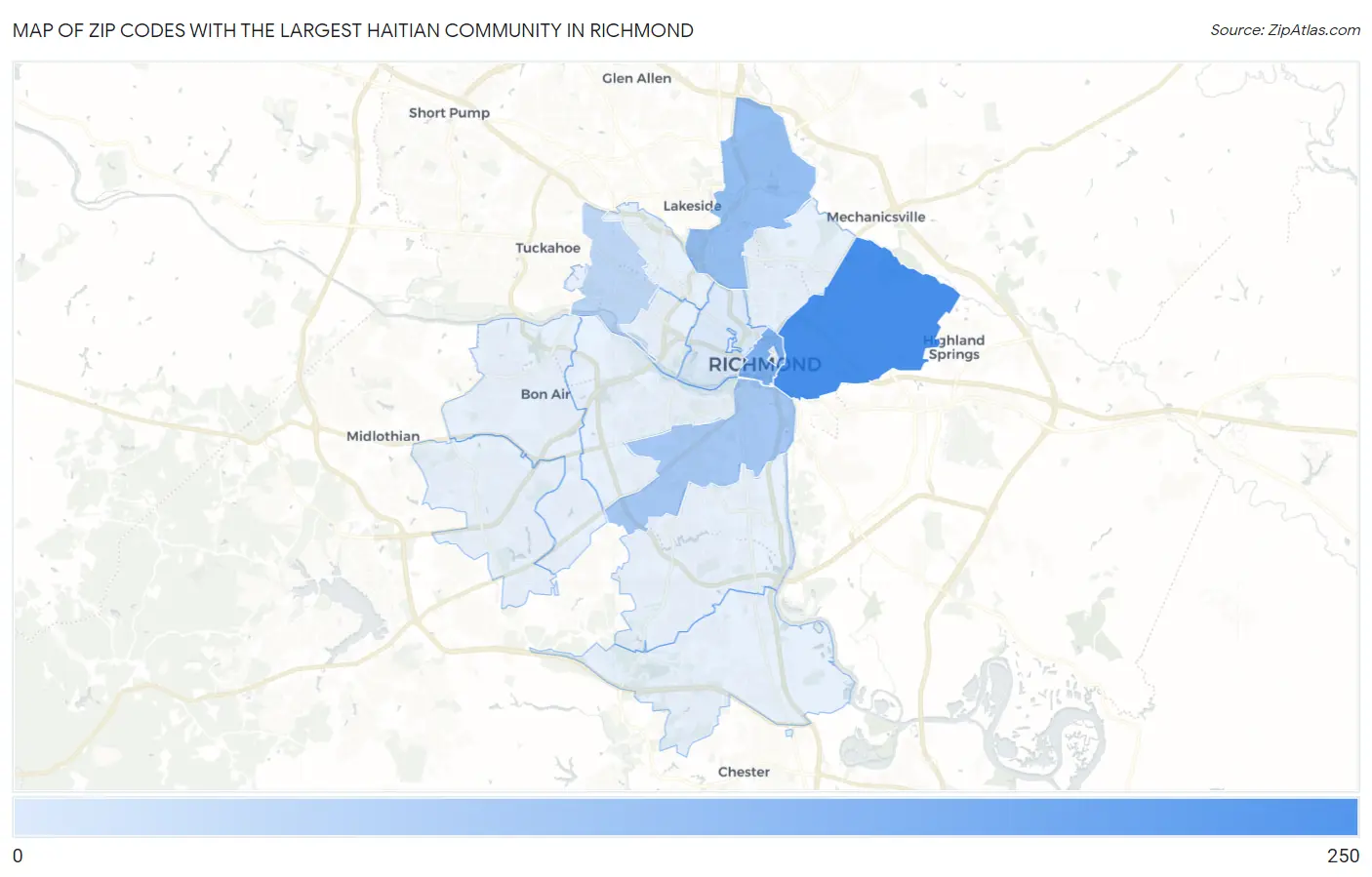 Zip Codes with the Largest Haitian Community in Richmond Map