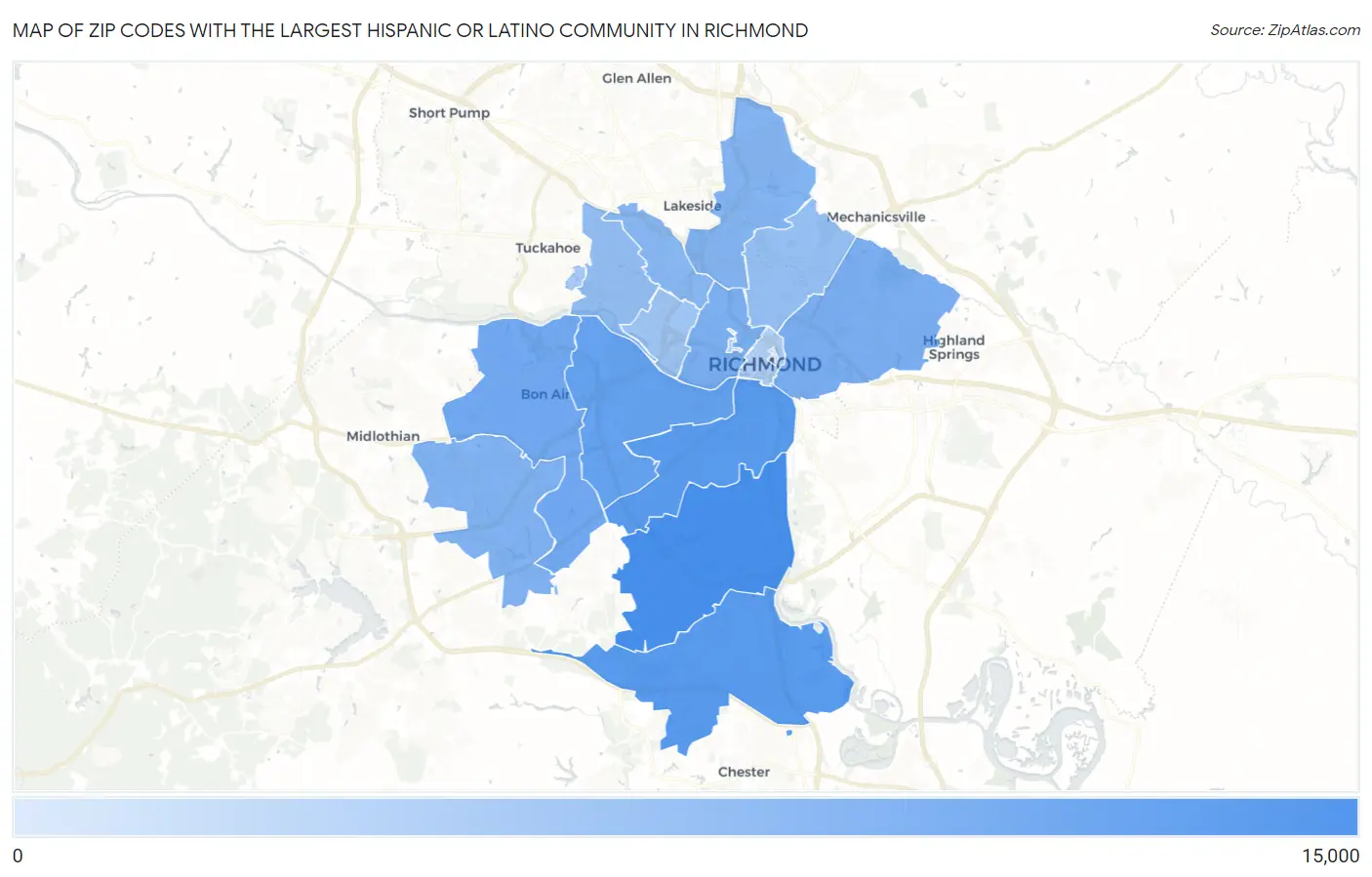 Zip Codes with the Largest Hispanic or Latino Community in Richmond Map