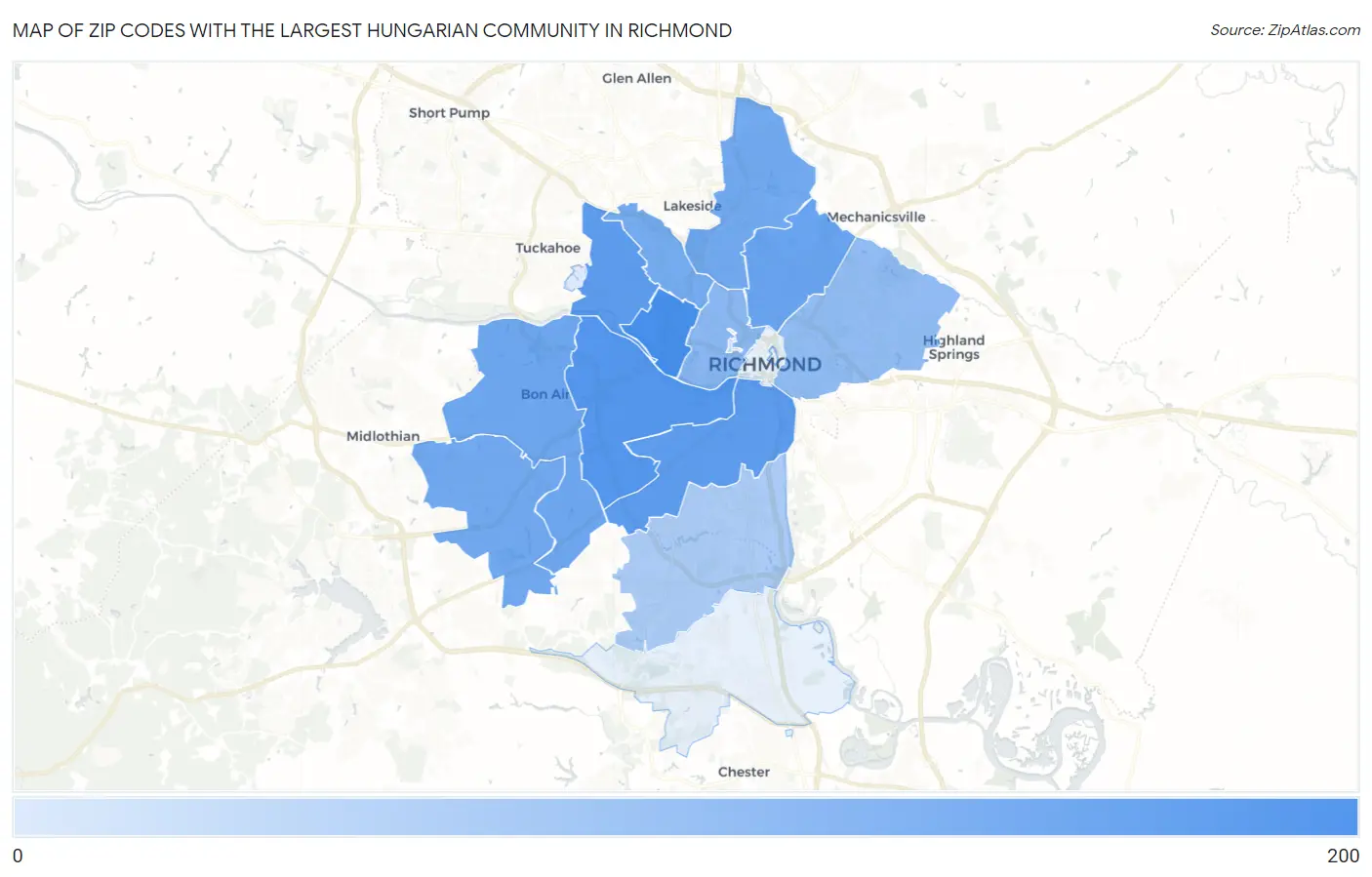 Zip Codes with the Largest Hungarian Community in Richmond Map