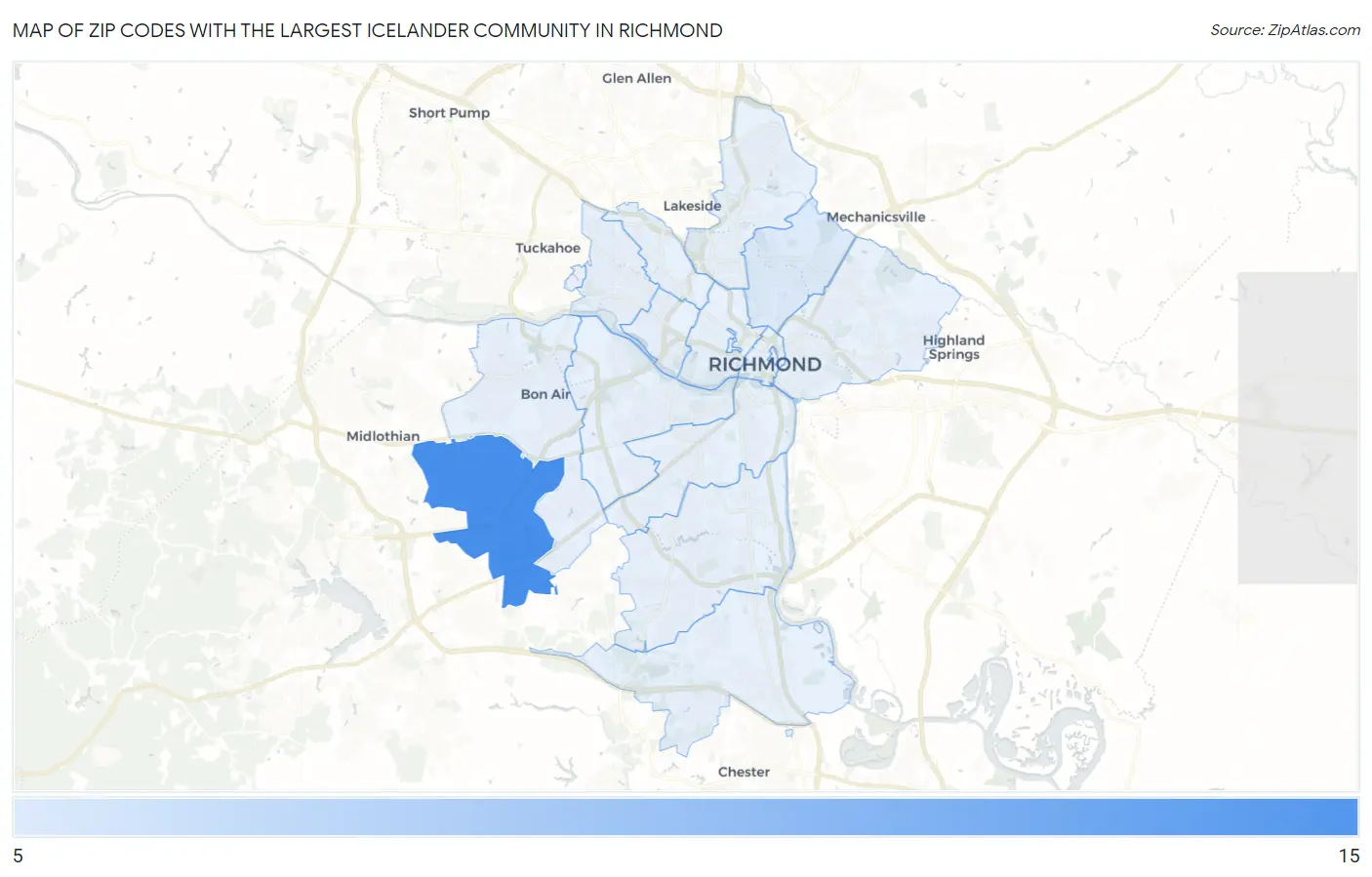Zip Codes with the Largest Icelander Community in Richmond Map