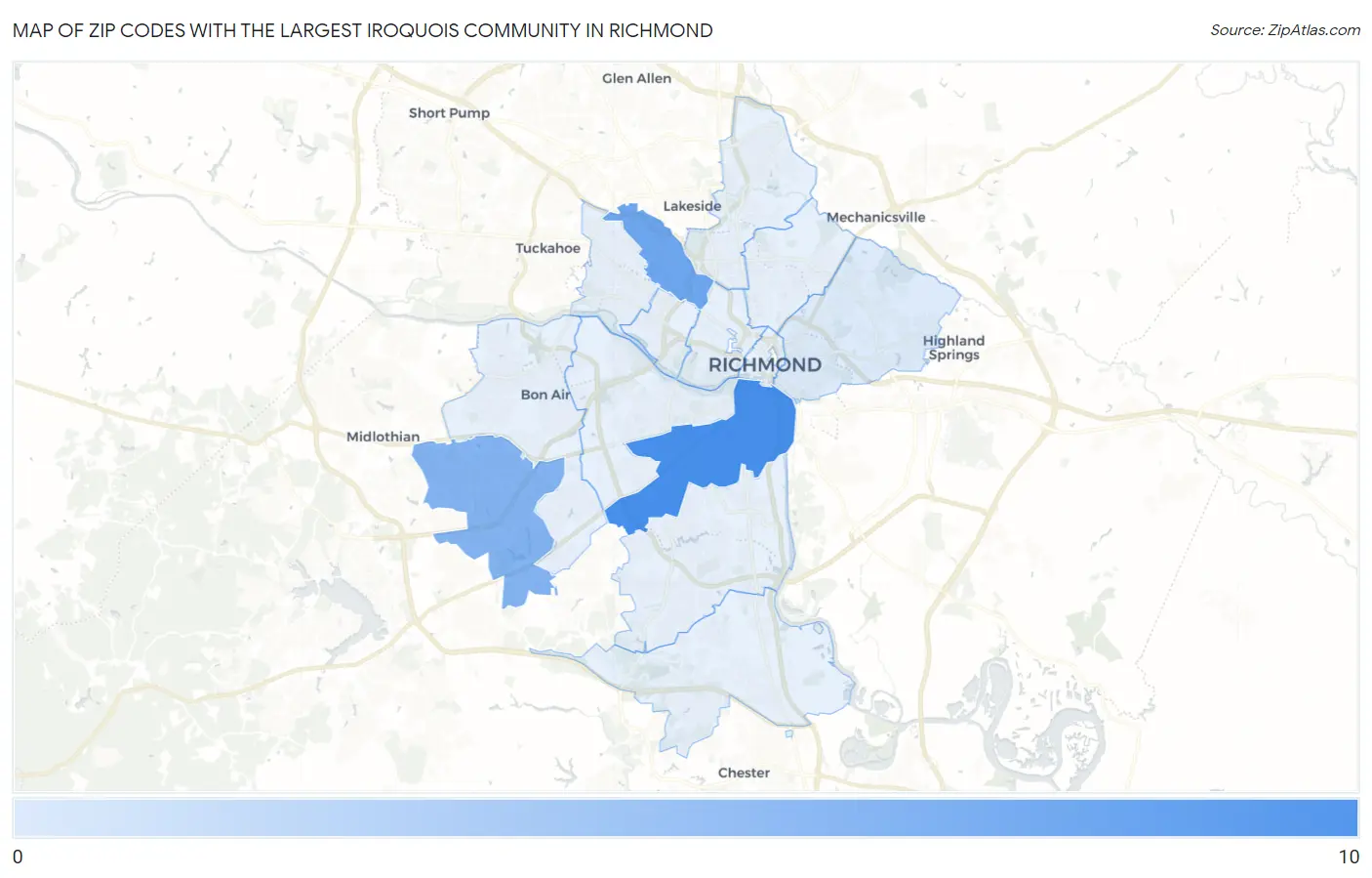 Zip Codes with the Largest Iroquois Community in Richmond Map