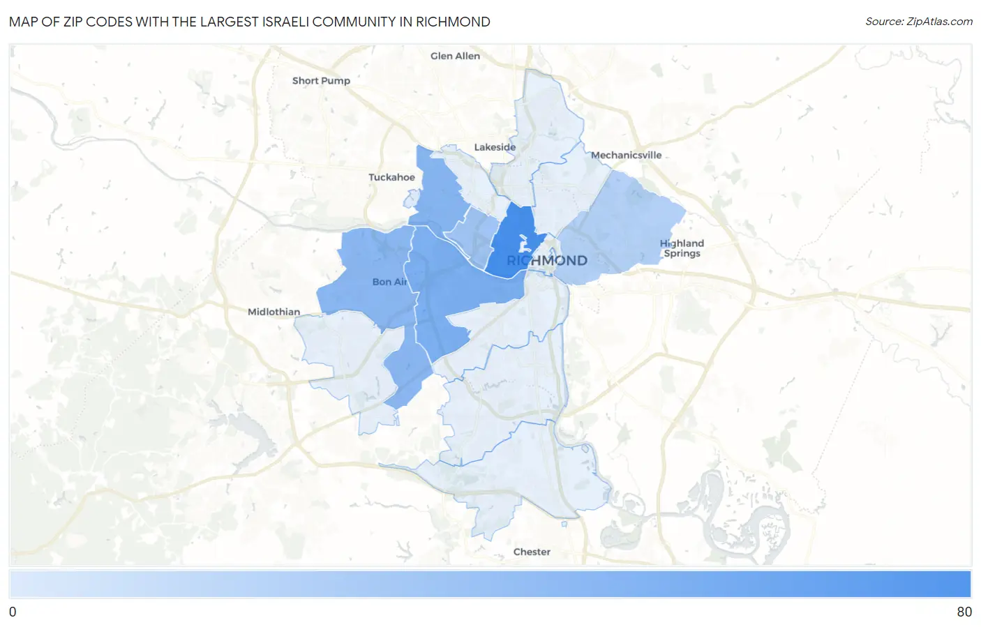 Zip Codes with the Largest Israeli Community in Richmond Map