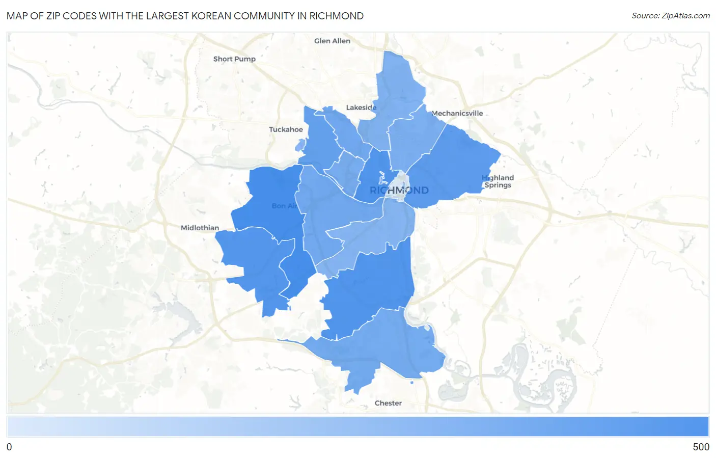 Zip Codes with the Largest Korean Community in Richmond Map