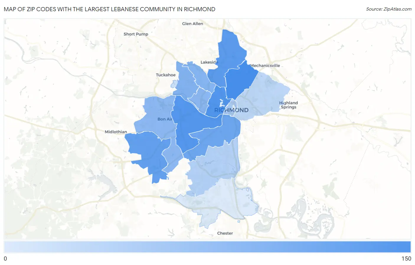 Zip Codes with the Largest Lebanese Community in Richmond Map