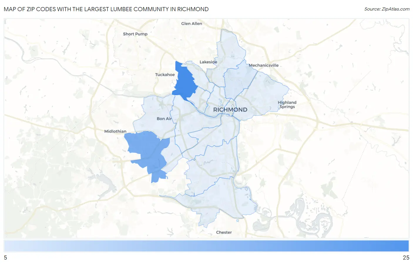 Zip Codes with the Largest Lumbee Community in Richmond Map