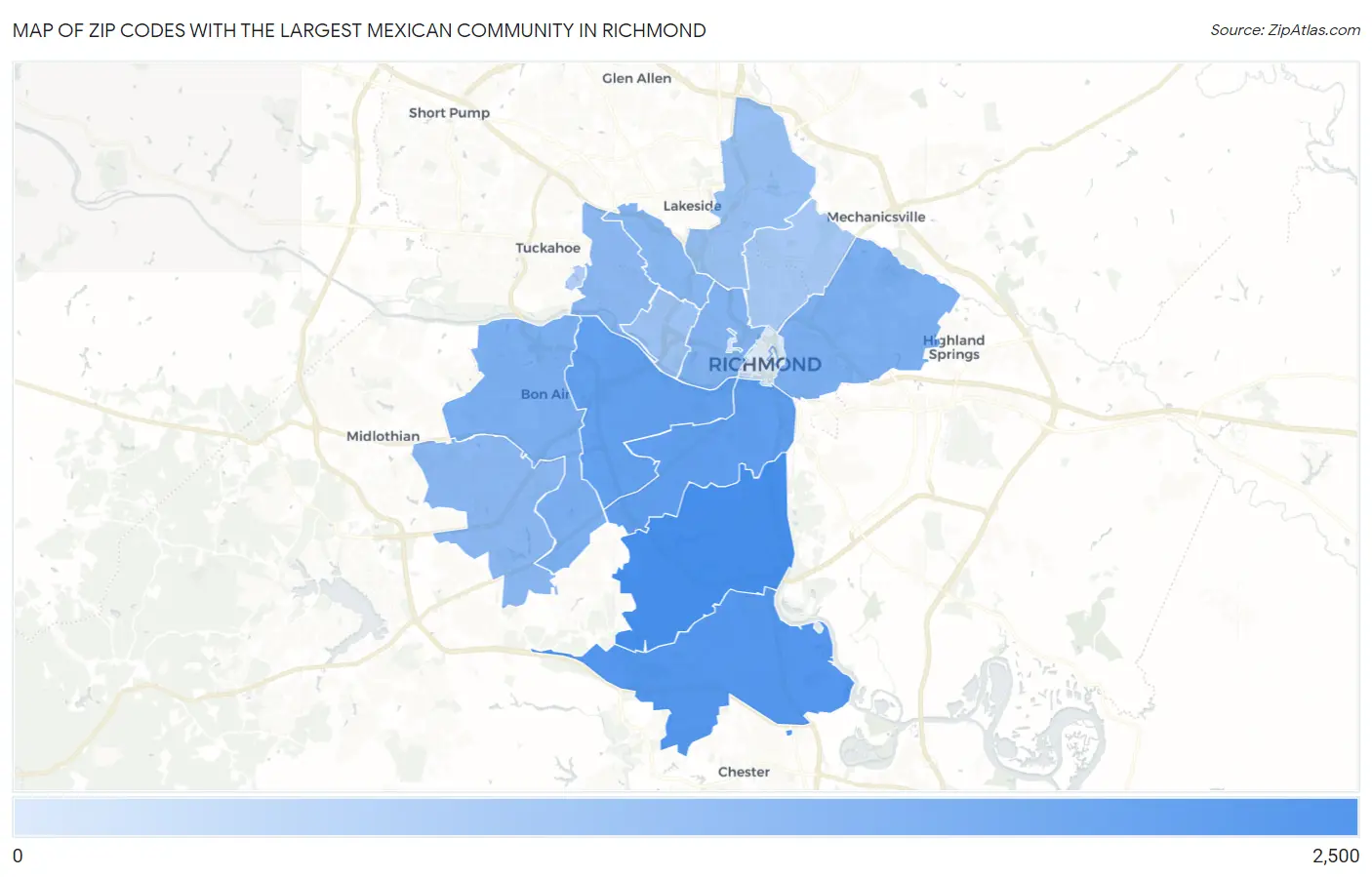 Zip Codes with the Largest Mexican Community in Richmond Map