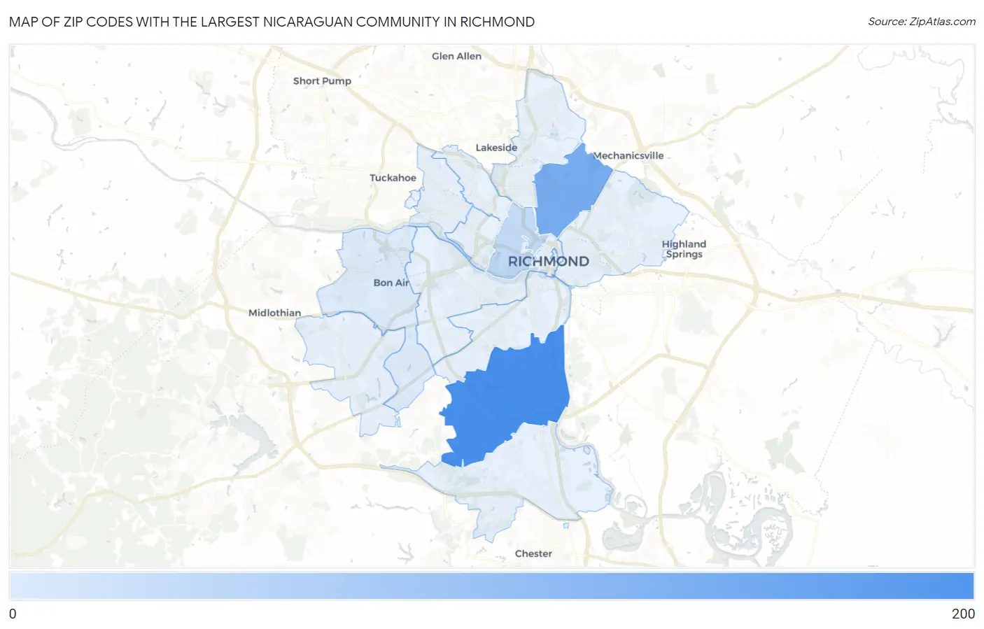 Zip Codes with the Largest Nicaraguan Community in Richmond Map