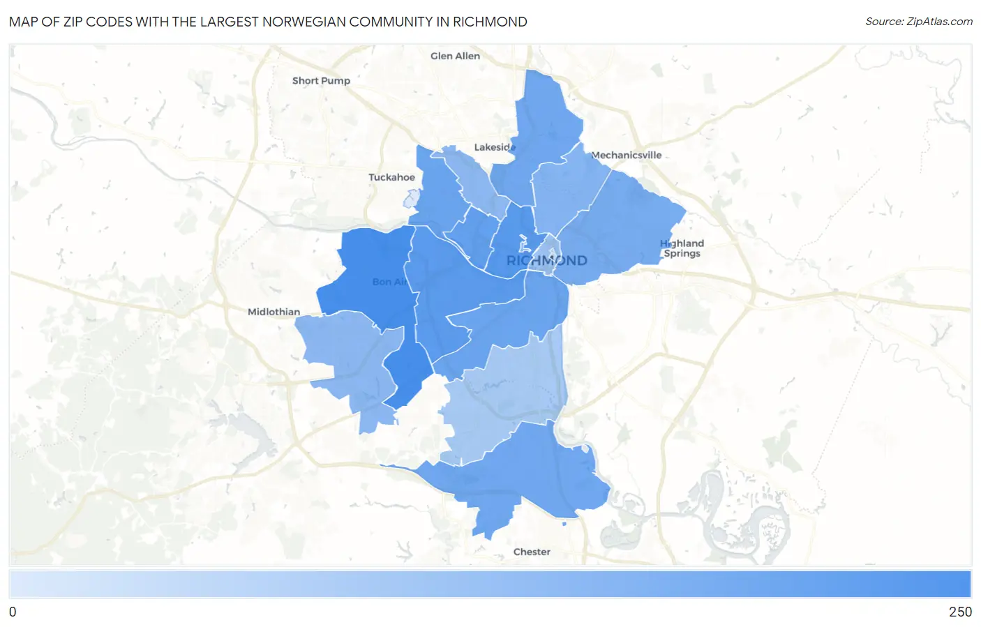 Zip Codes with the Largest Norwegian Community in Richmond Map