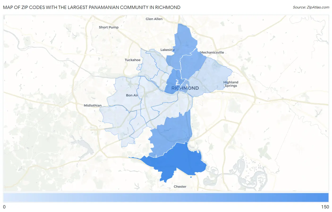 Zip Codes with the Largest Panamanian Community in Richmond Map