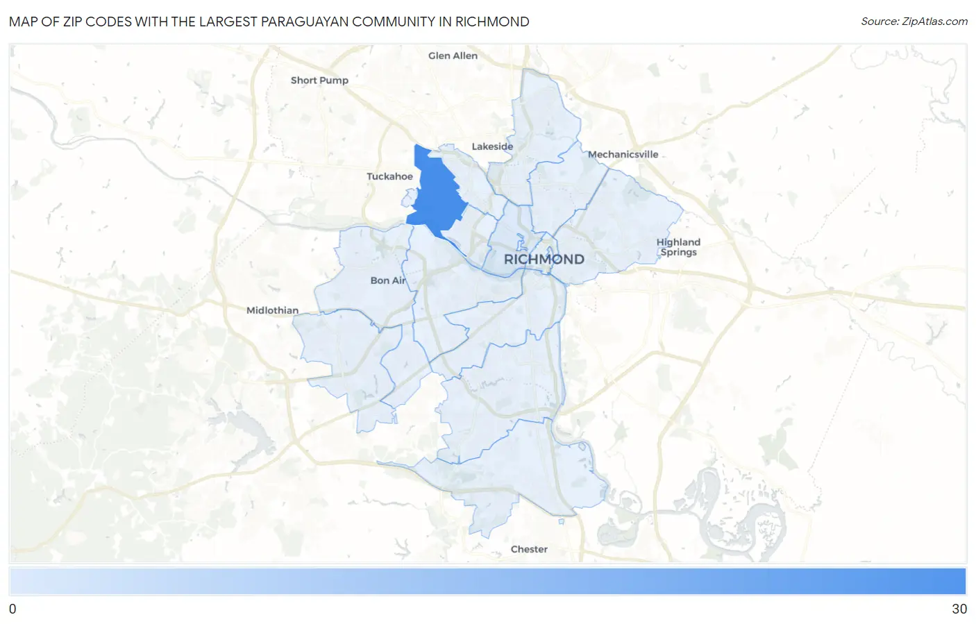 Zip Codes with the Largest Paraguayan Community in Richmond Map
