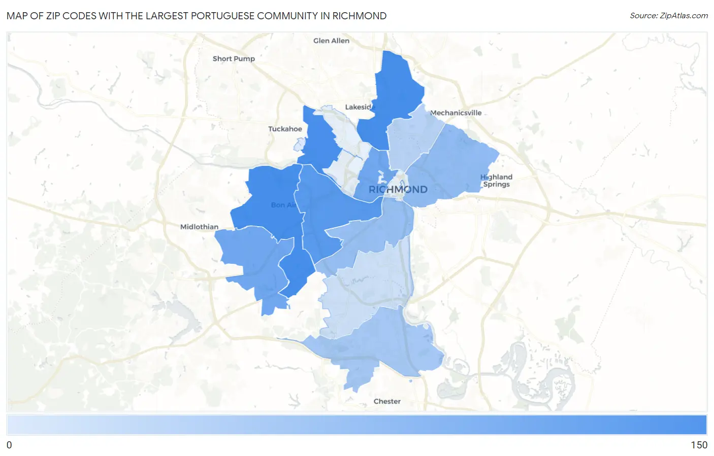 Zip Codes with the Largest Portuguese Community in Richmond Map