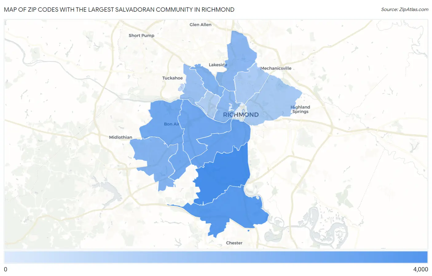 Zip Codes with the Largest Salvadoran Community in Richmond Map