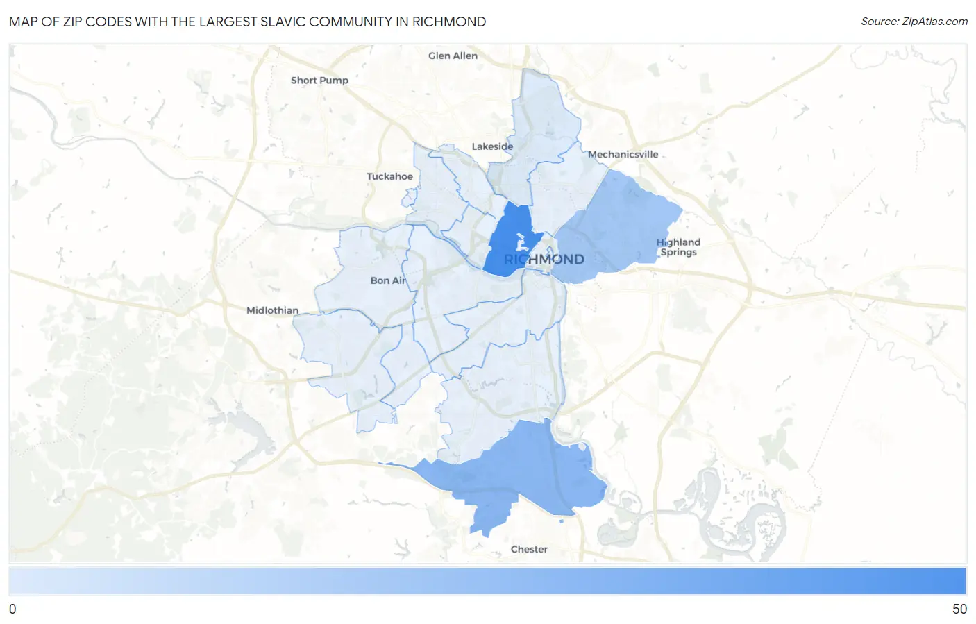 Zip Codes with the Largest Slavic Community in Richmond Map