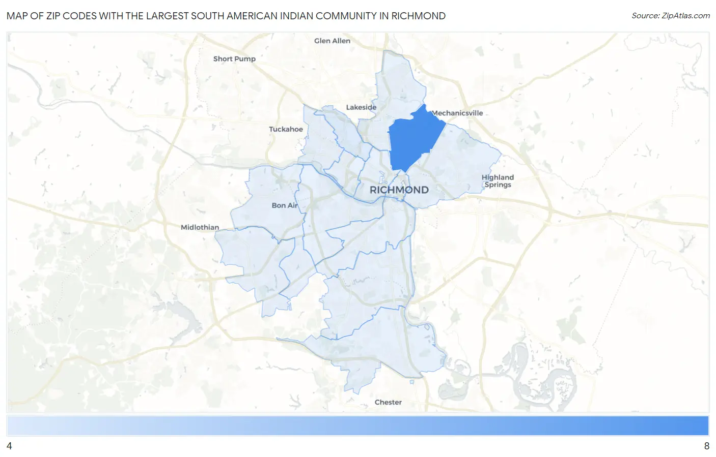 Zip Codes with the Largest South American Indian Community in Richmond Map