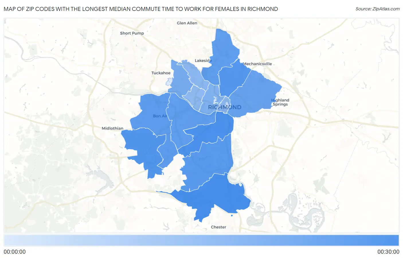 Zip Codes with the Longest Median Commute Time to Work for Females in Richmond Map