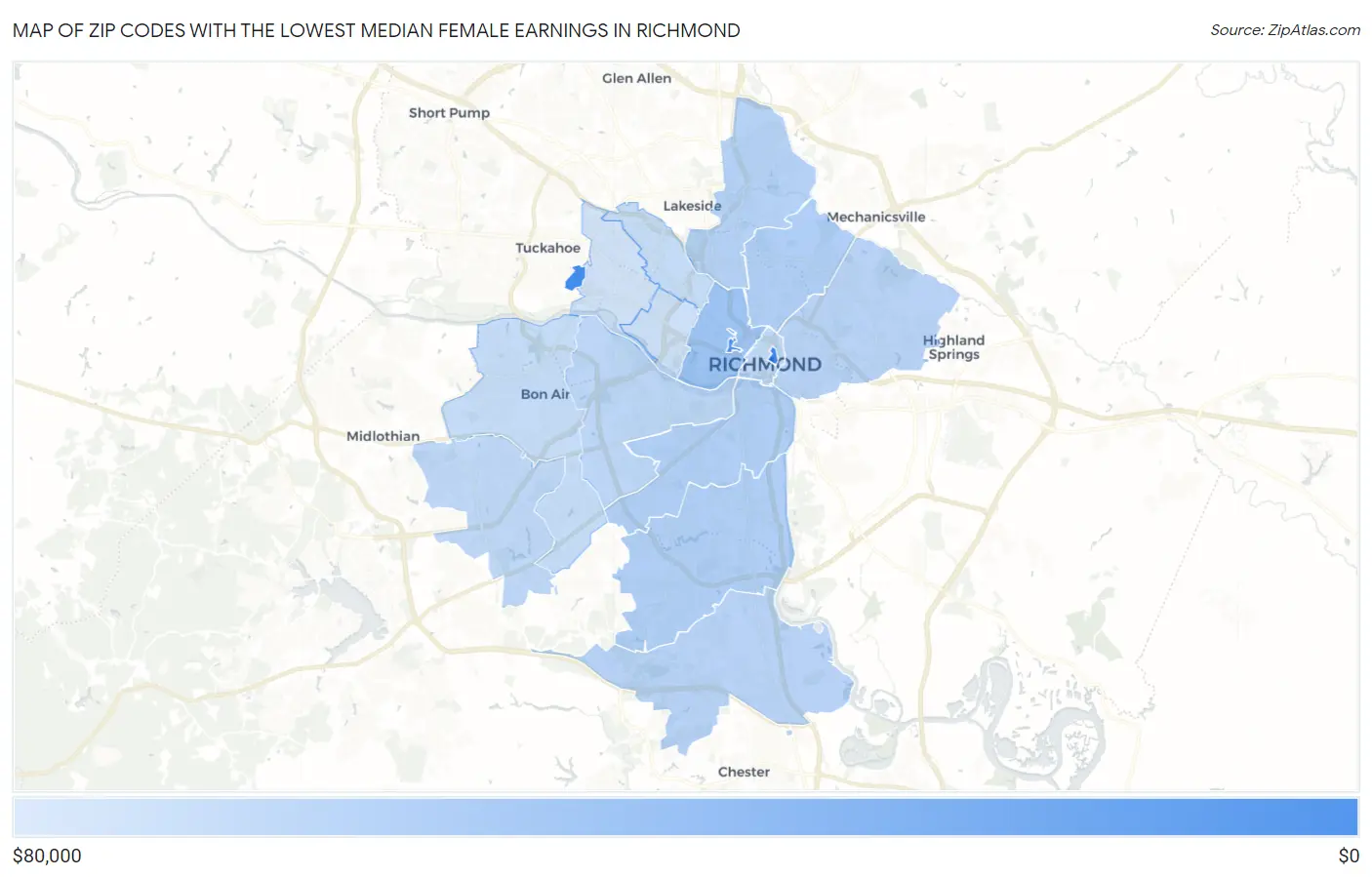 Zip Codes with the Lowest Median Female Earnings in Richmond Map