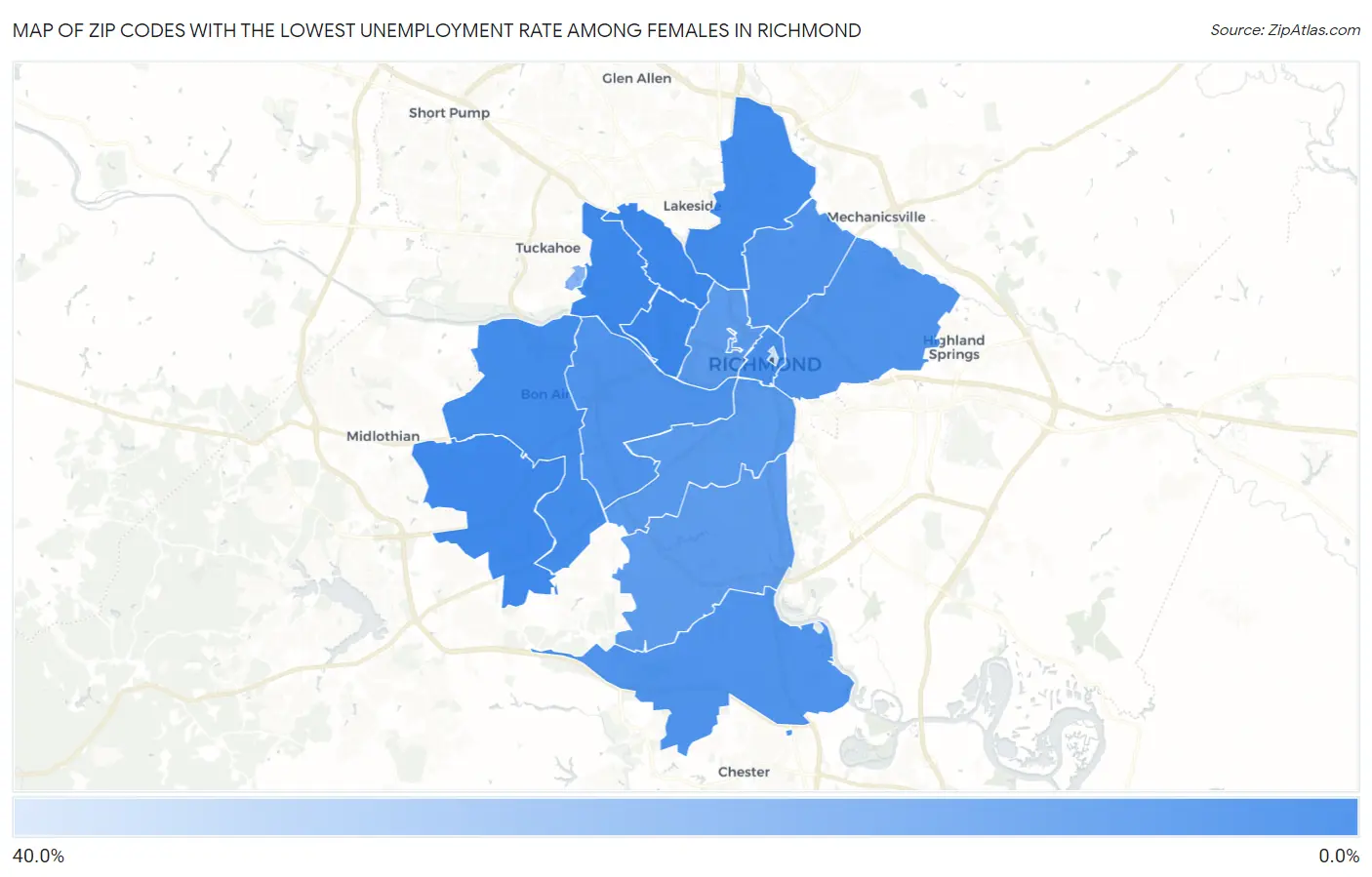 Zip Codes with the Lowest Unemployment Rate Among Females in Richmond Map