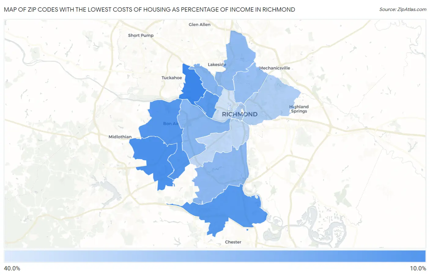 Zip Codes with the Lowest Costs of Housing as Percentage of Income in Richmond Map