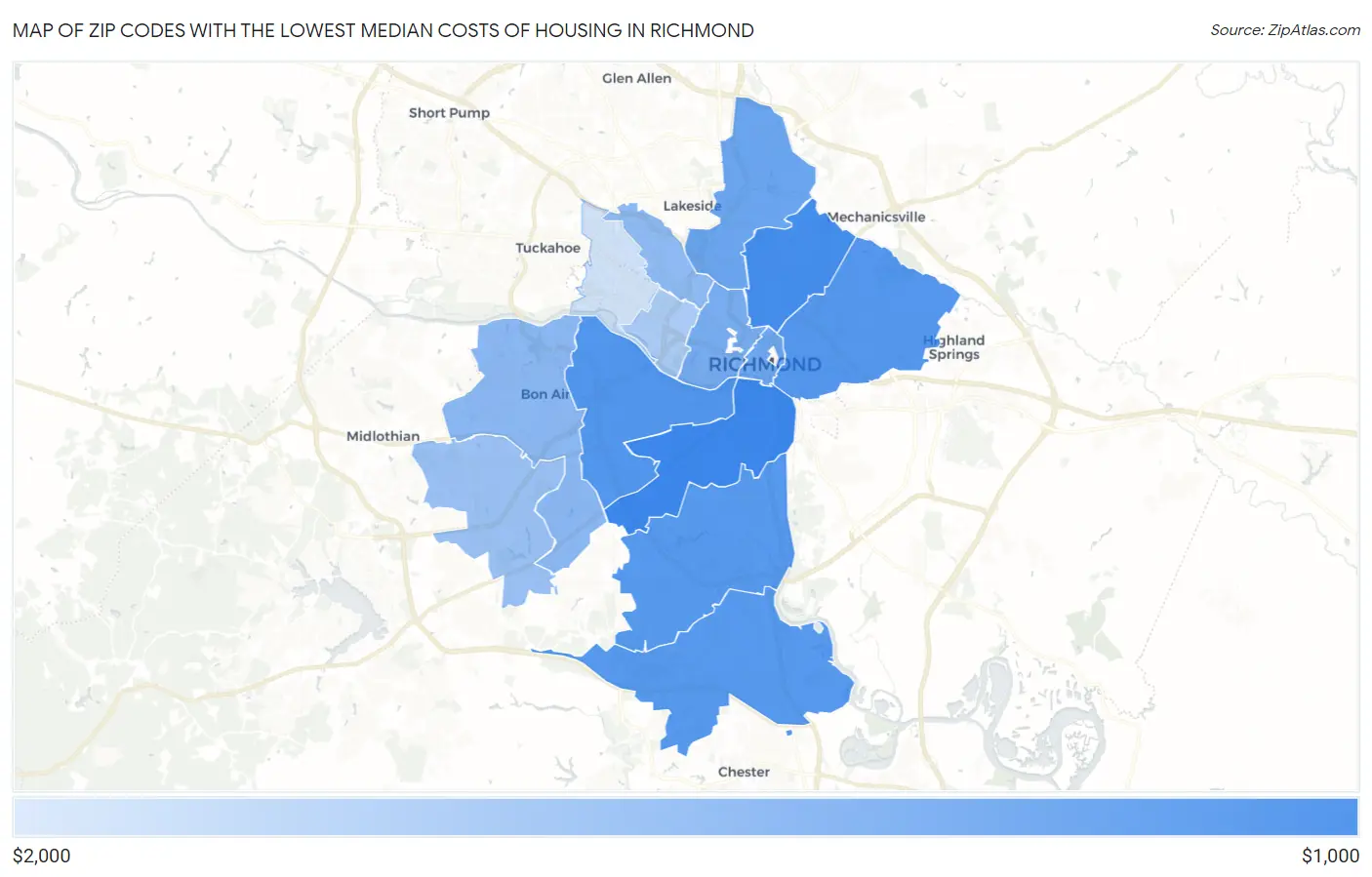 Zip Codes with the Lowest Median Costs of Housing in Richmond Map