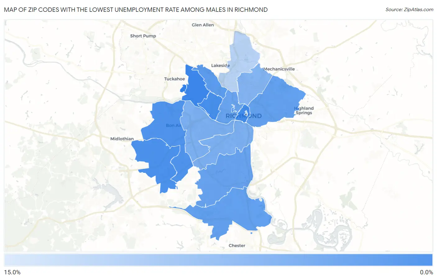 Zip Codes with the Lowest Unemployment Rate Among Males in Richmond Map